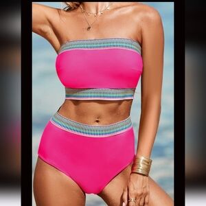 NEON Contrast Banding Tube Bikini High Waist Bikini Swimsuit NWT